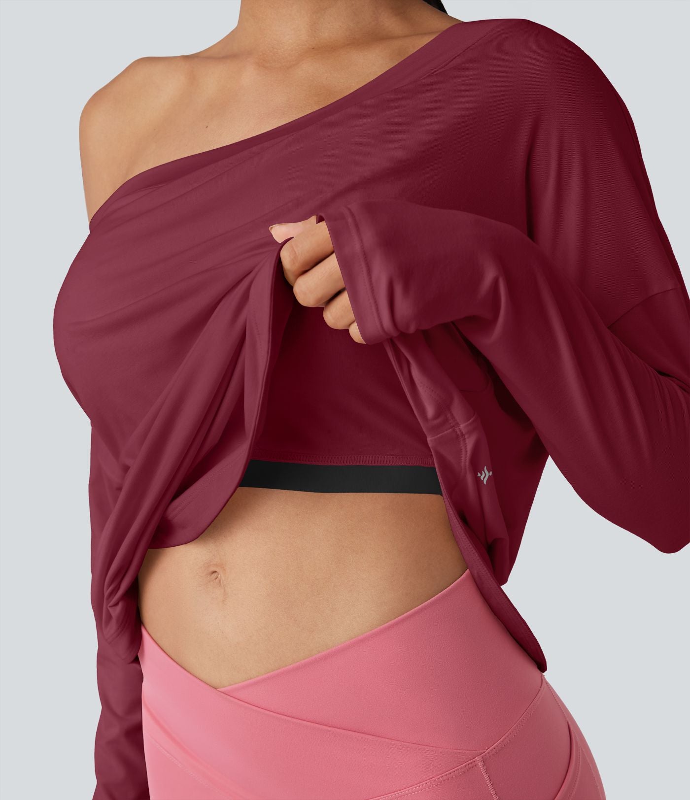 Top de sport yoga une épaule séchage rapide ourlet arrondi asymétrique manches longues avec trous pouces - Brassière intégrée