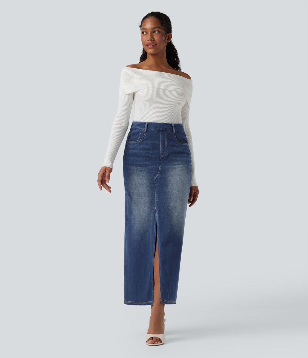 Jupe longue droite en denim délavé Halara Flex™ taille haute avec poches