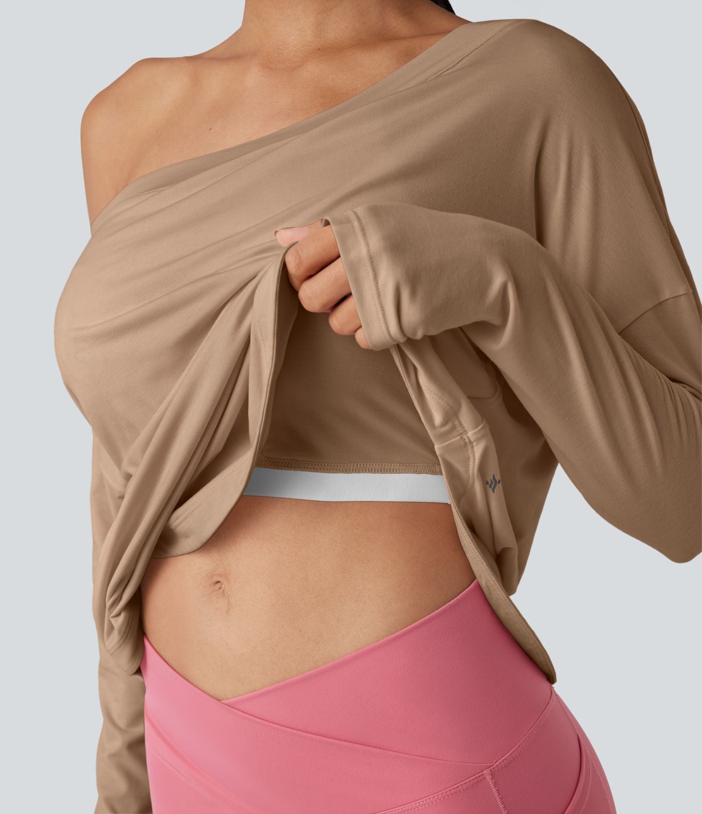 Top de sport yoga une épaule séchage rapide ourlet arrondi asymétrique manches longues avec trous pouces - Brassière intégrée