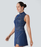 Débardeur de tennis Halara Flex™ en denim stretch délavé avec col montant, fermeture éclair et effet frais InstantCool