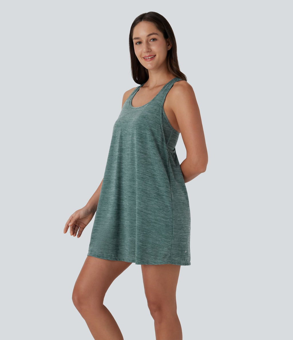 Robe active de yoga mini 2 pièces à encolure en U, dos nu, dos nageur, maille contrastante et poche latérale