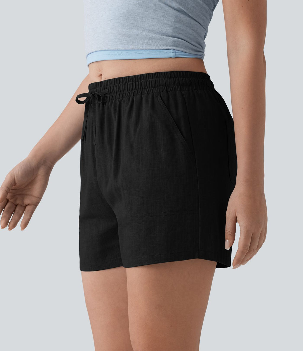 Short casual lin taille mi-haute avec cordon de serrage et poches