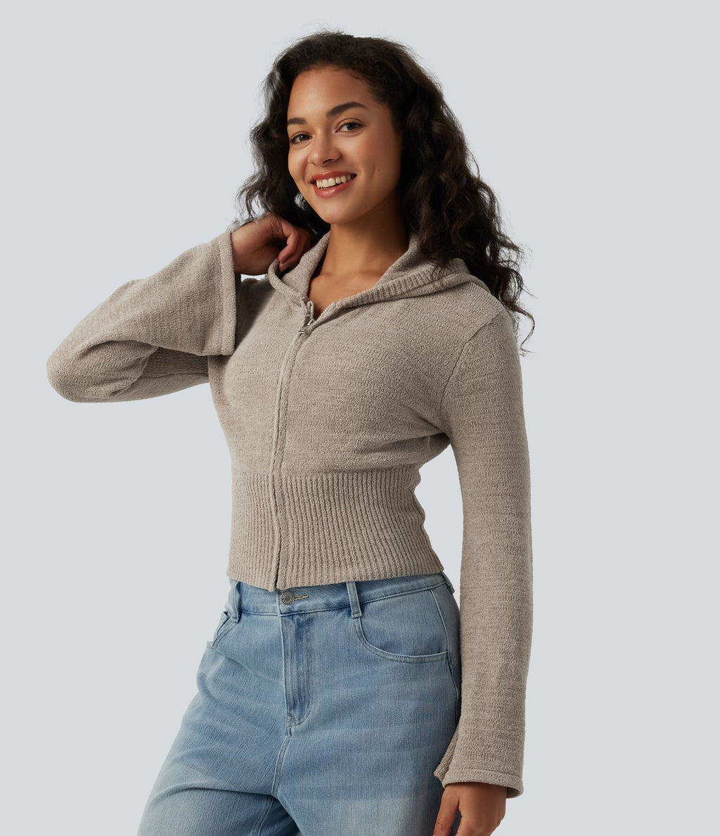 Gilet casual à capuche avec manches à volants et fermeture zippée