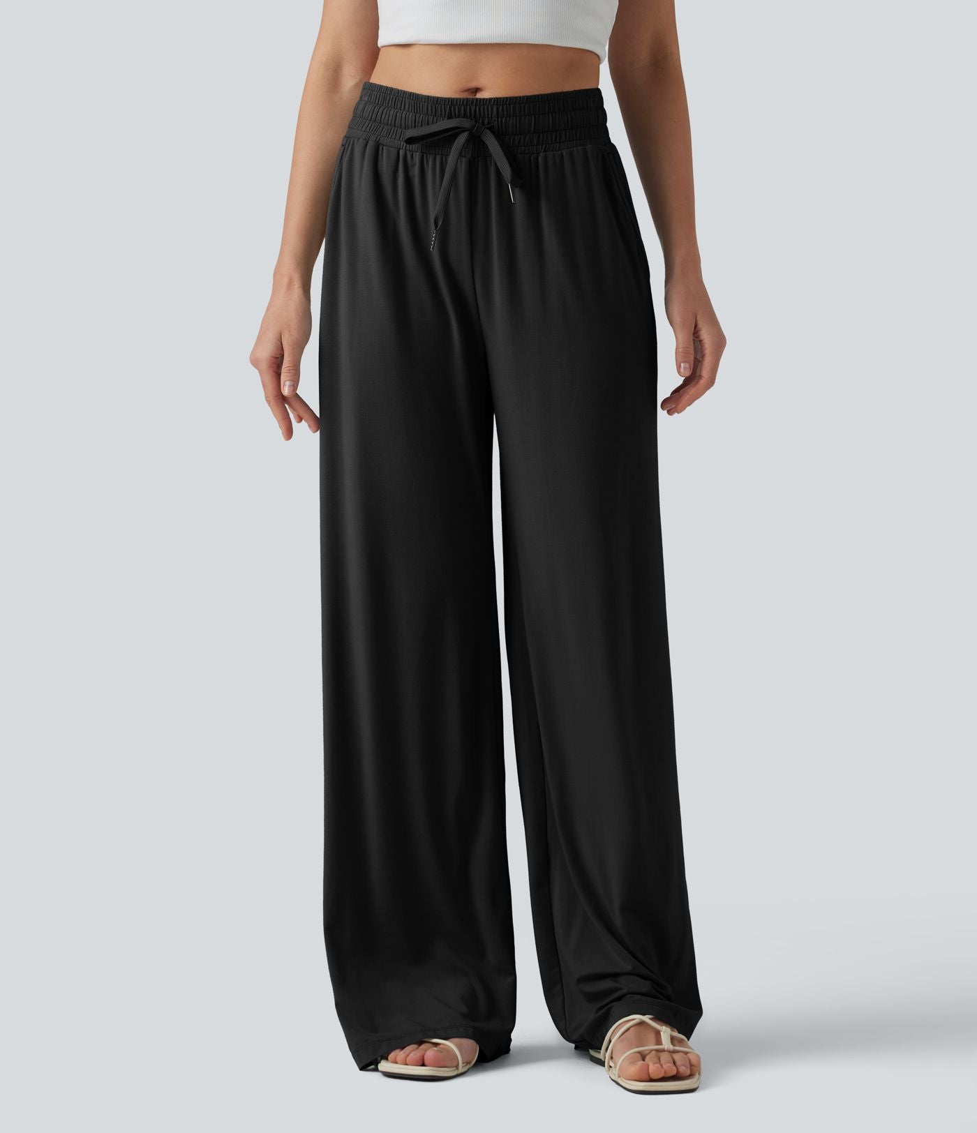 Pantalon large décontracté taille mi-haute avec cordon de serrage et poches