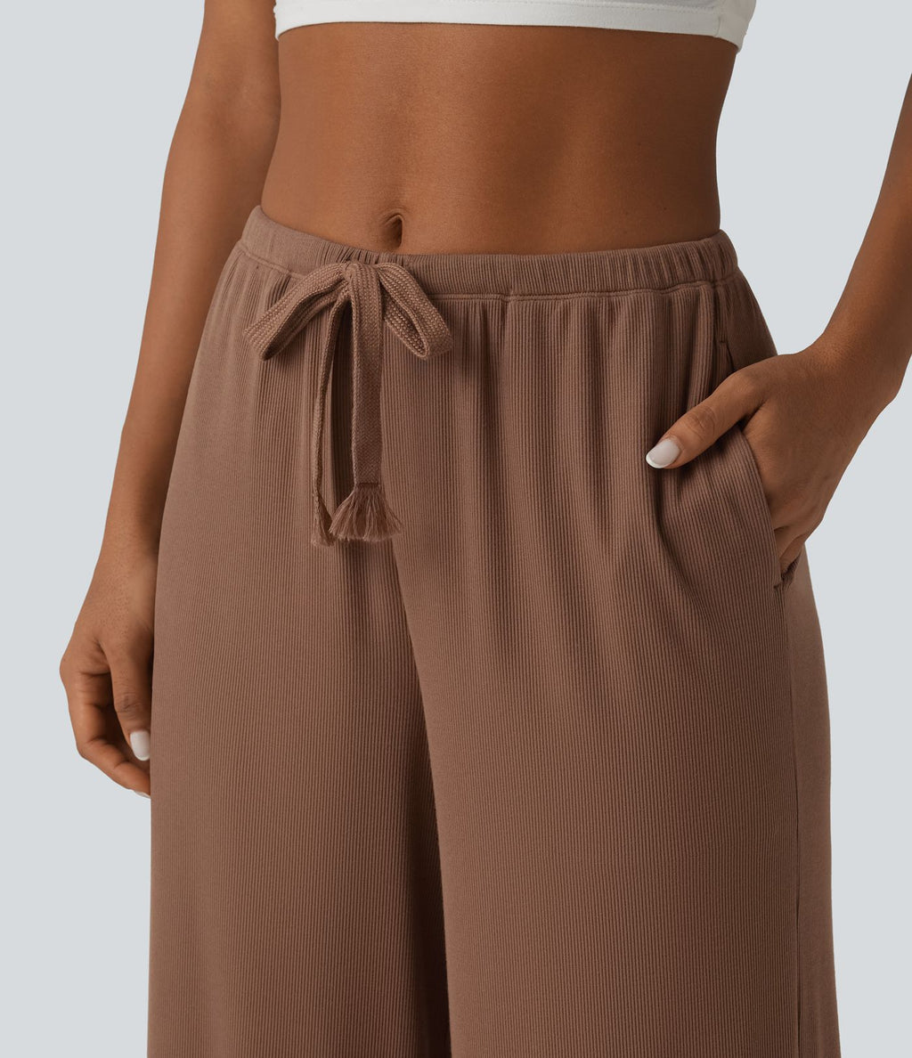 Pantalon large casual en maille côtelée extensible taille mi-haute avec cordon de serrage et poches