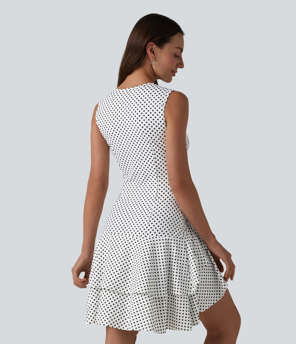Robe mini casual à pois col rond sans manches ourlet à volants superposés