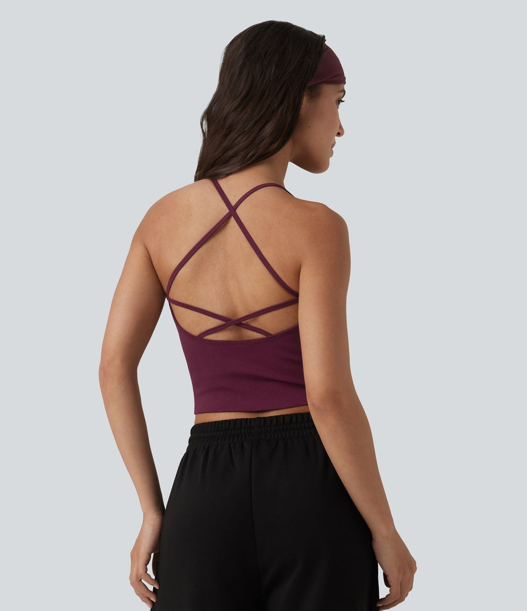 OneForm Seamless Flow Débardeur de yoga crop dos nu croisé décolleté en V profond avec soutien-gorge intégré