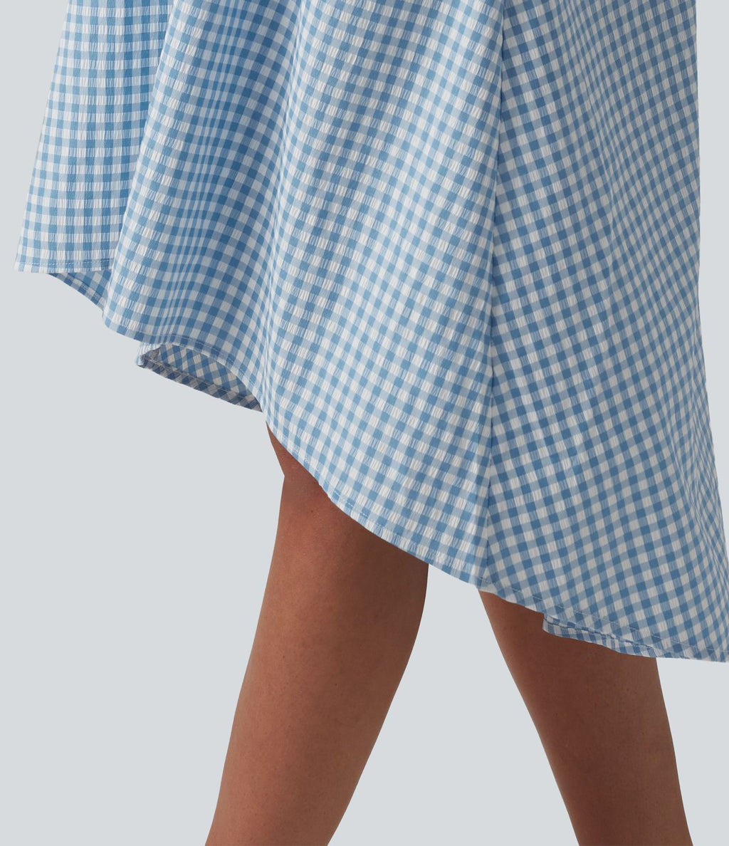 Robe midi resort fluide à carreaux vichy dos nu dos nageur coupe asymétrique avec soutien-gorge intégré et poches