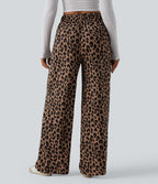 Pantalon large décontracté taille haute imprimé léopard en tissu gaufré avec poches