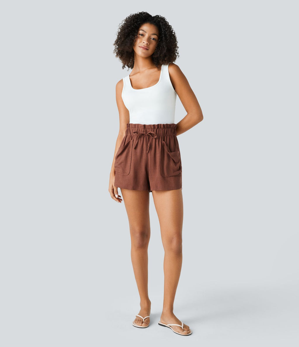 Short Casual en Mélange de Lin à Taille Mi-Haute avec Taille Sac Papier Cordon de Serrage Multiples Poches et Ourlet Courbé