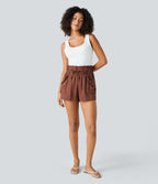 Short Casual en Mélange de Lin à Taille Mi-Haute avec Taille Sac Papier Cordon de Serrage Multiples Poches et Ourlet Courbé