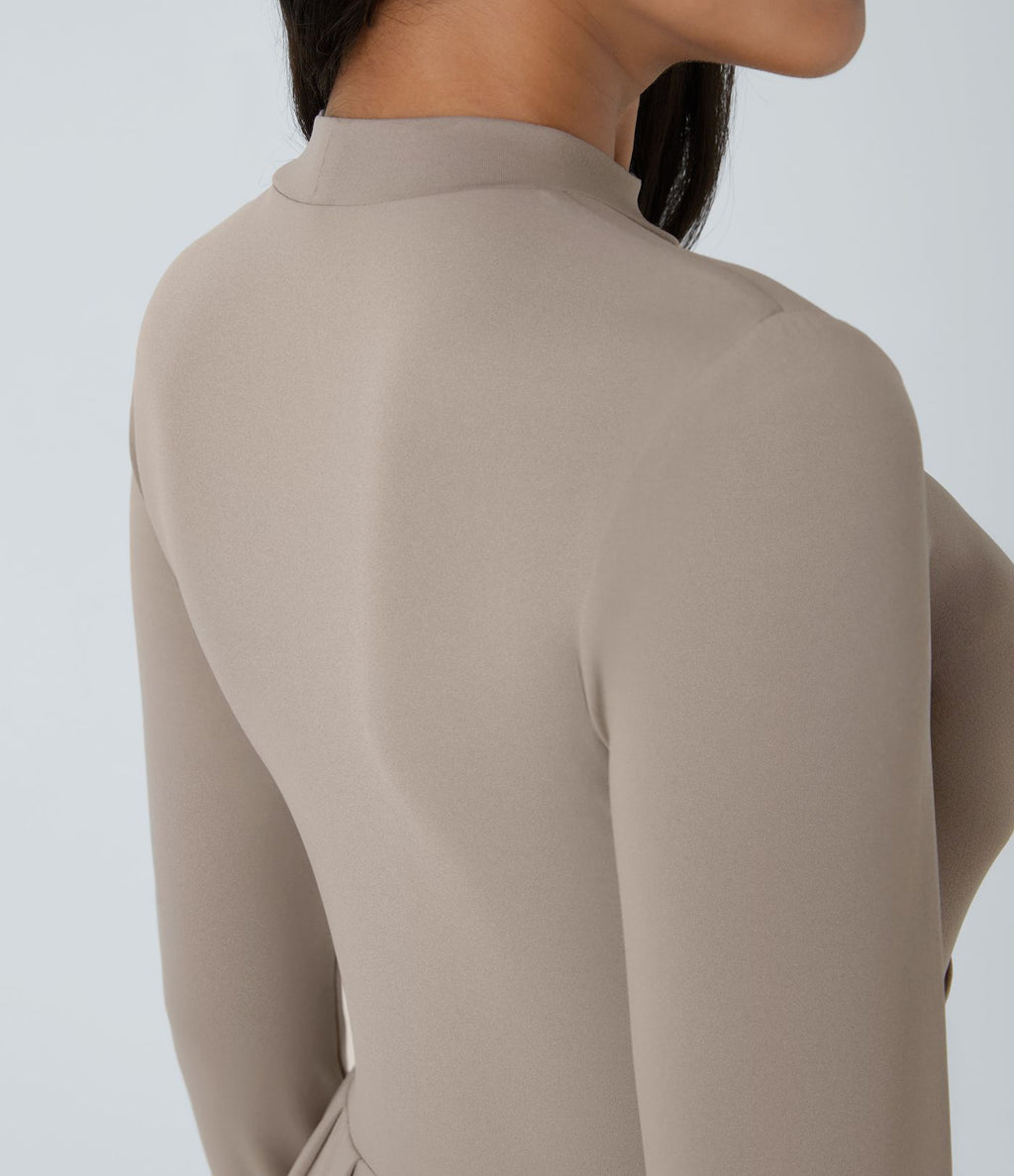 Robe longue décontractée à col montant, manches longues, plissée, avec poches latérales et coupe évasée