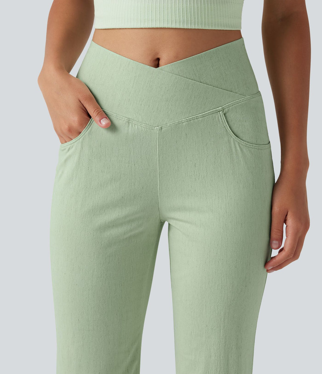 Jogging bouffant casual en lin extensible à taille haute croisée avec poches