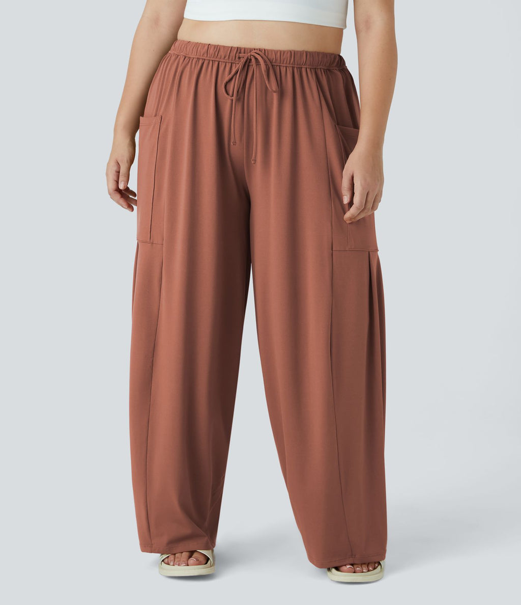 Pantalon Large Casual Taille Mi-Haute Taille Élastique Cordon Poches Latérales Ourlet Flottant Grande Taille