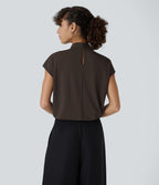 Blouse de Travail à Col Montant Plissée avec Boutons dans le Dos et Manches Courtes