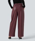 Pantalon large en tissu enduit molleton taille haute avec poches