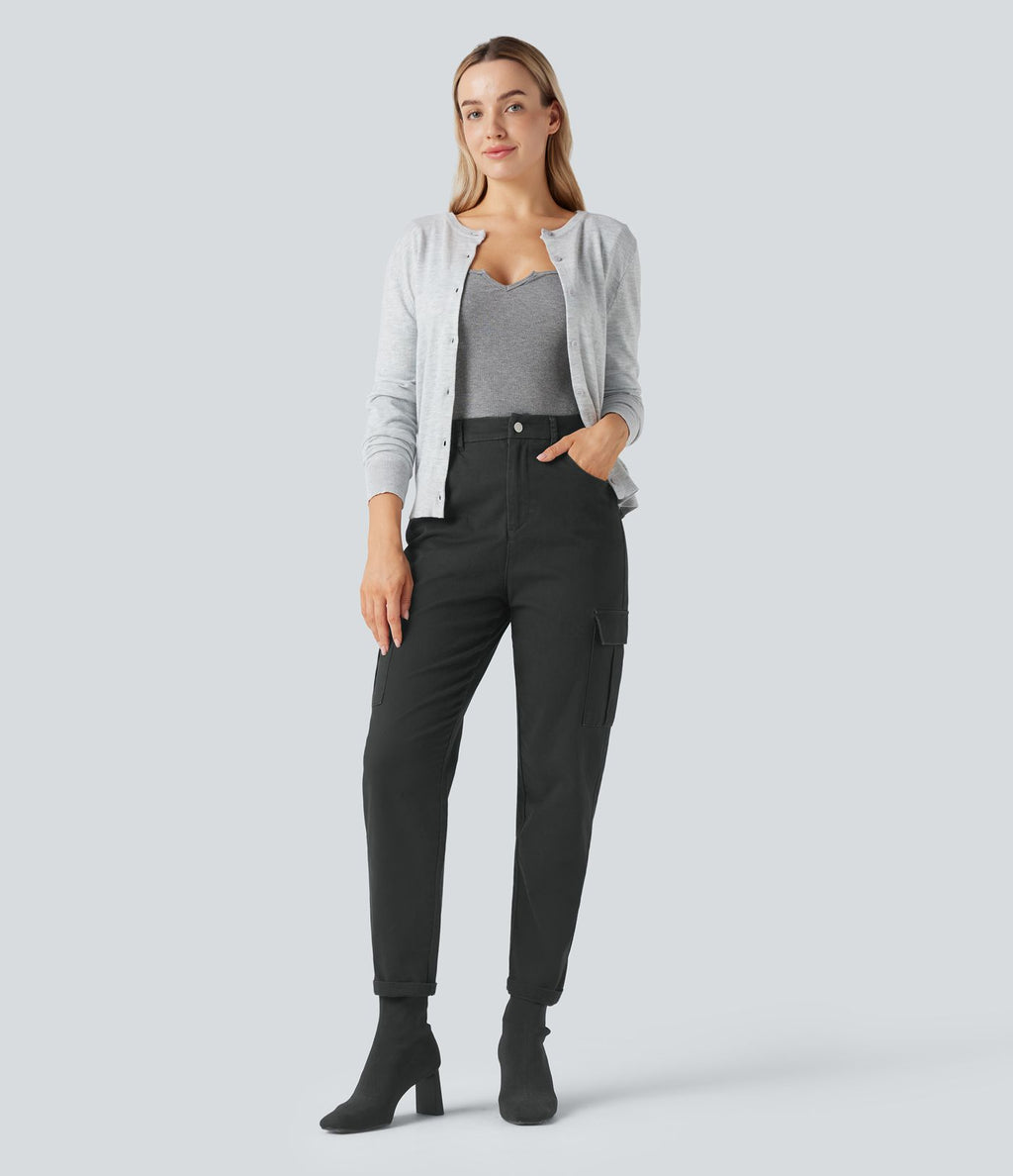 Pantalon 7/8 décontracté fuselé taille haute en coton chino avec poches