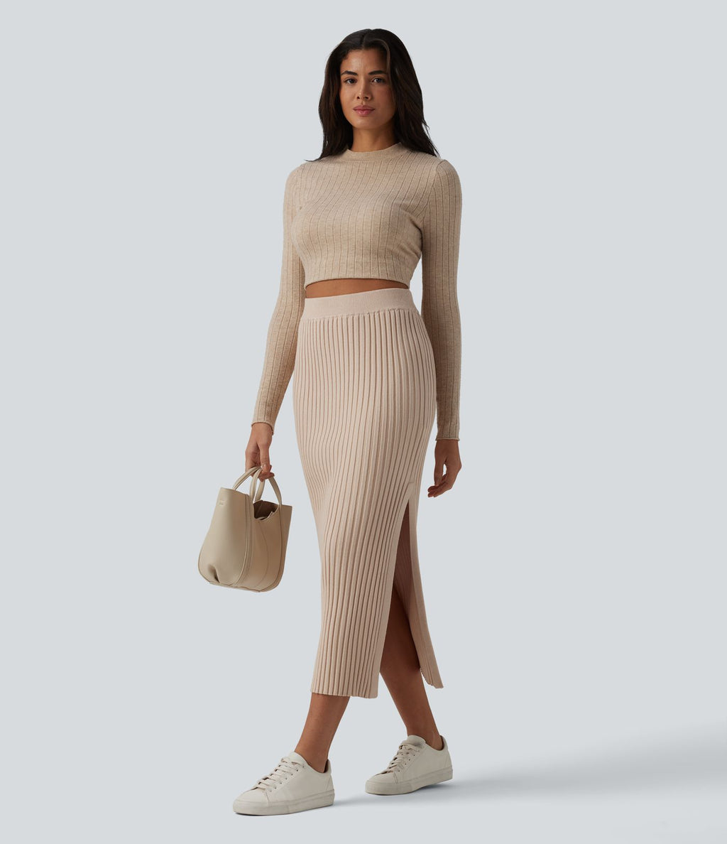 Jupe midi casual en maille taille haute