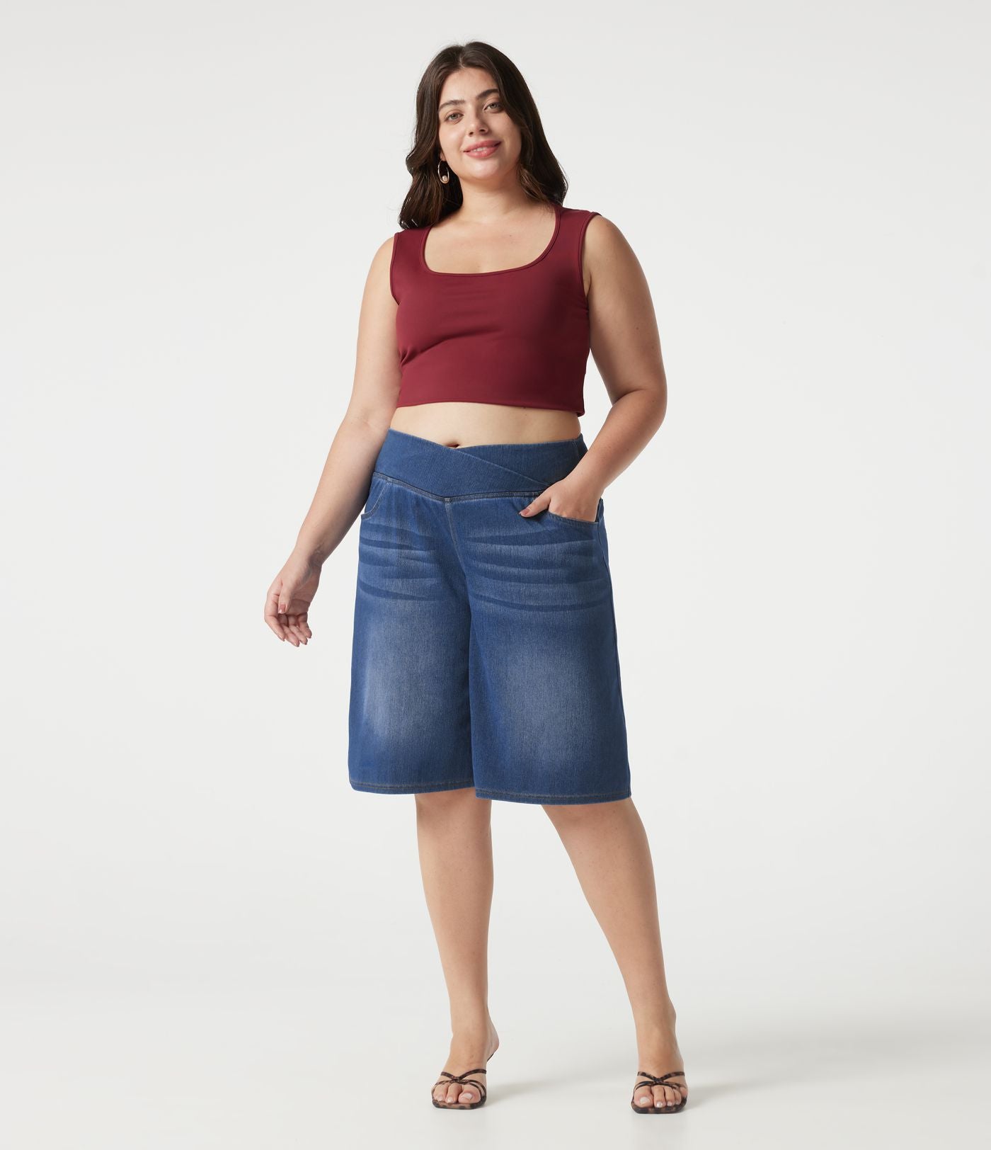 Short en jean Halara Flex™ ample décontracté grande taille ventre plat, taille haute, croisé, à poches