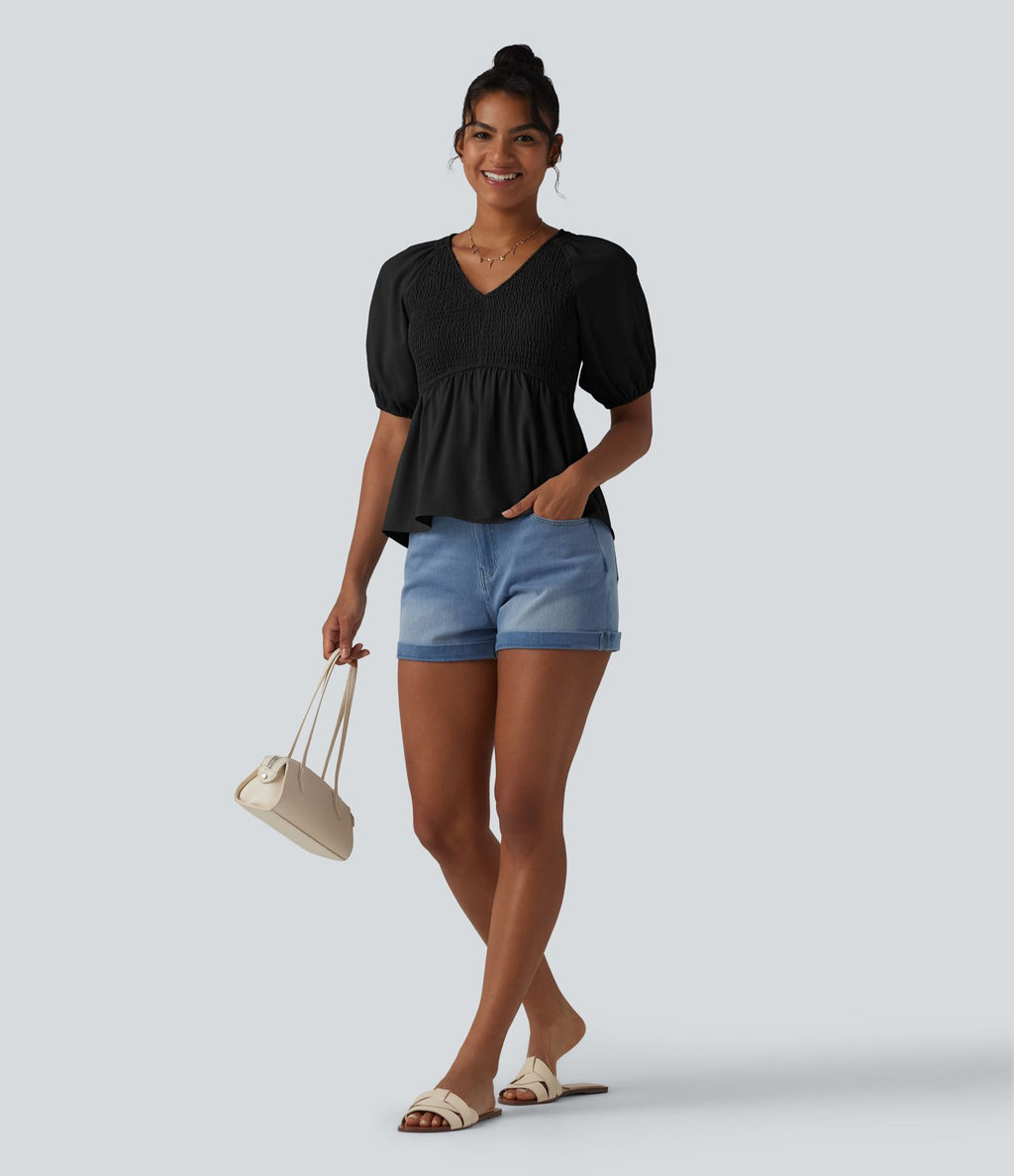 Blouse décontractée col V manches courtes bouffantes avec fronces