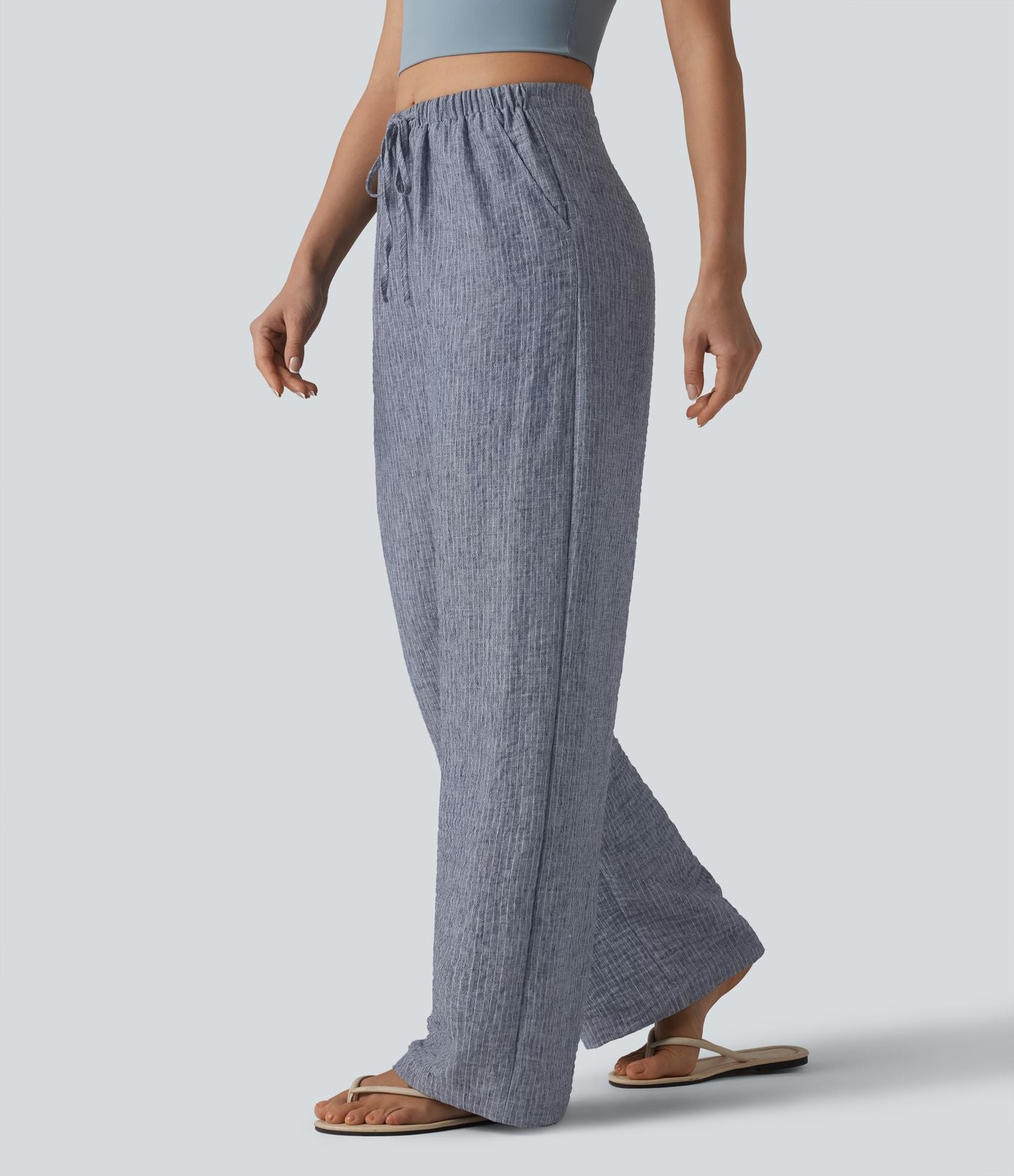 Pantalon décontracté ample rayé taille mi-haute avec cordon de serrage et poches