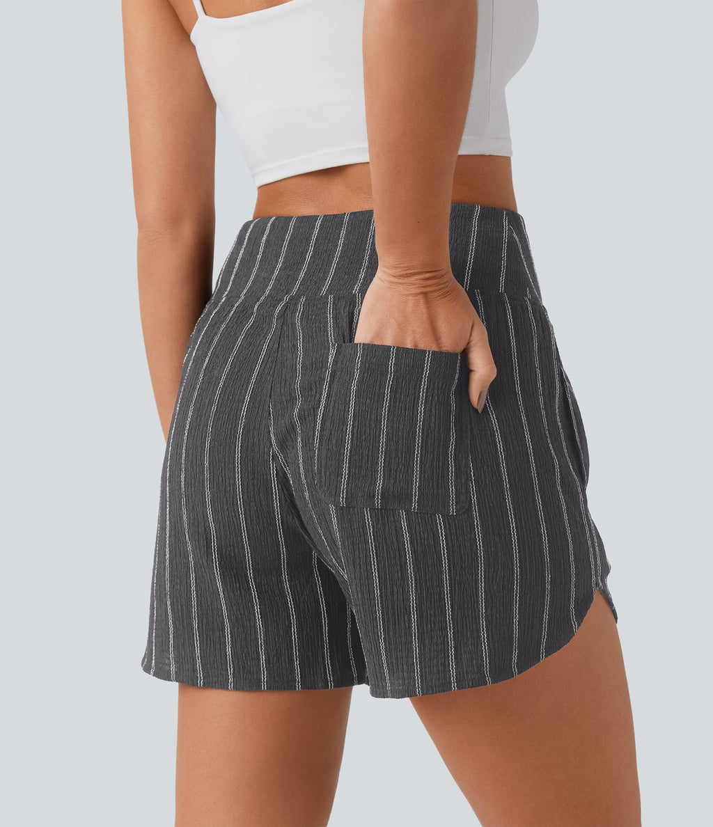Short casual taille haute ourlet arrondi rayures avec poches