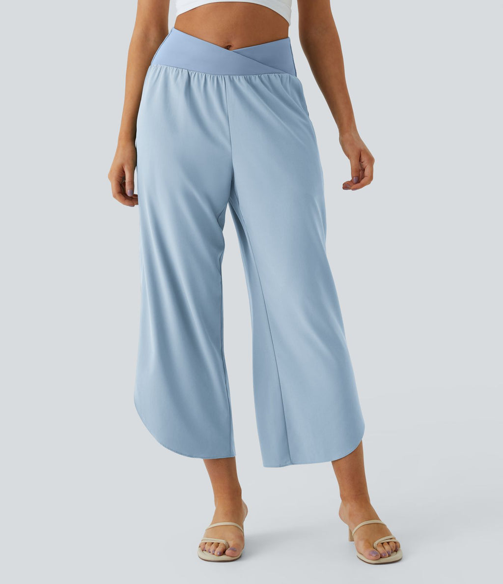Breezeful™ Pantalon Fluide Vacances Séchage Rapide Taille Haute Croisée Poches Latérales Plissées Fente
