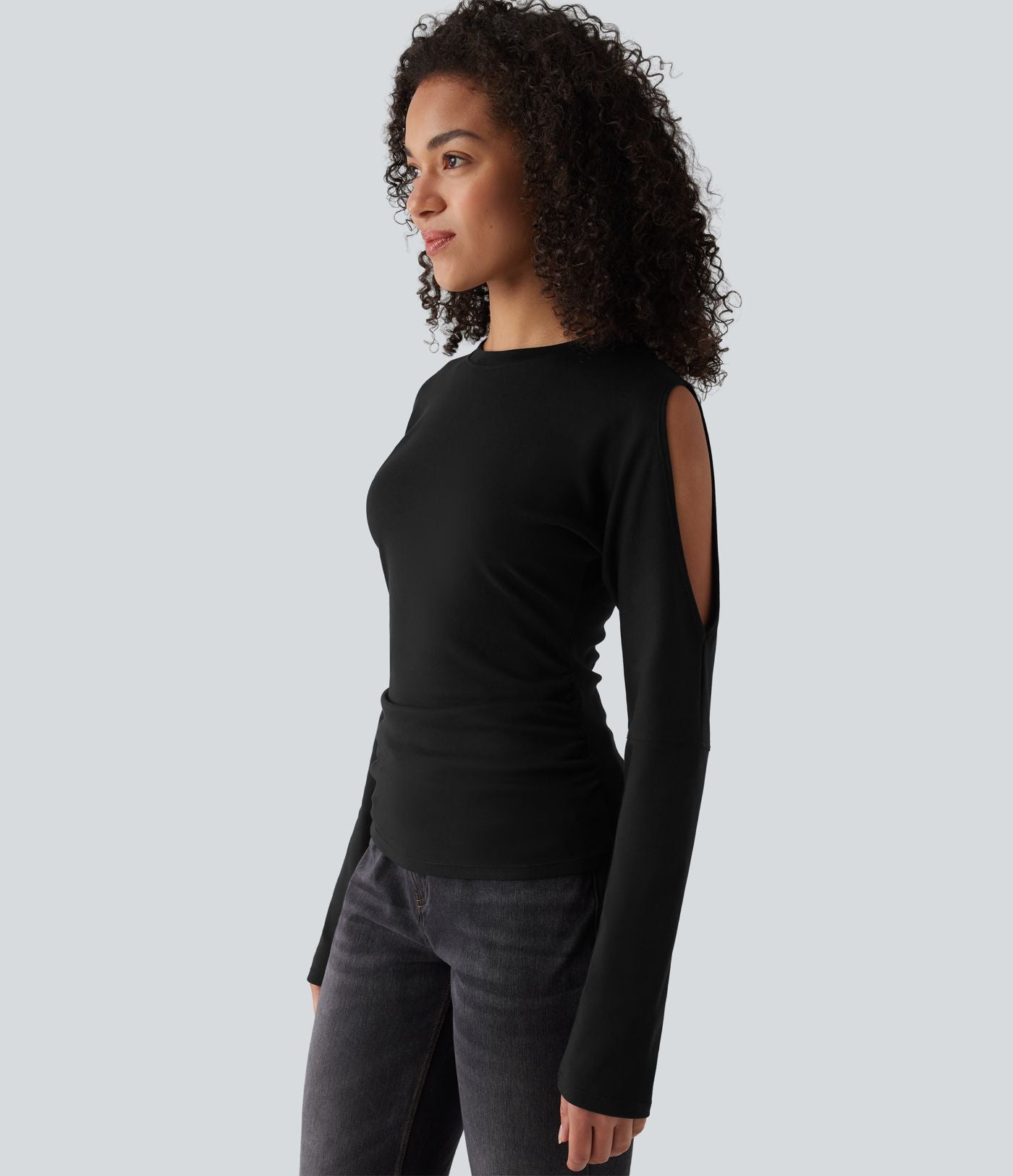 T-shirt décontracté en coton col rond manches longues découpes