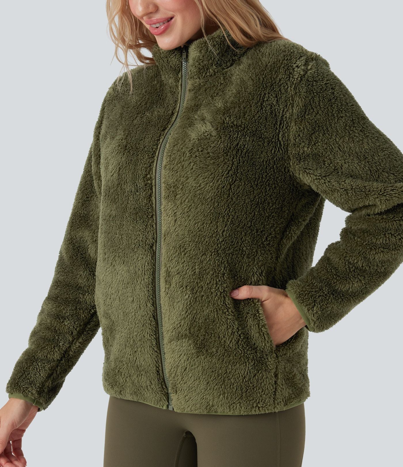 Veste décontractée sherpa col montant manches longues avec poches
