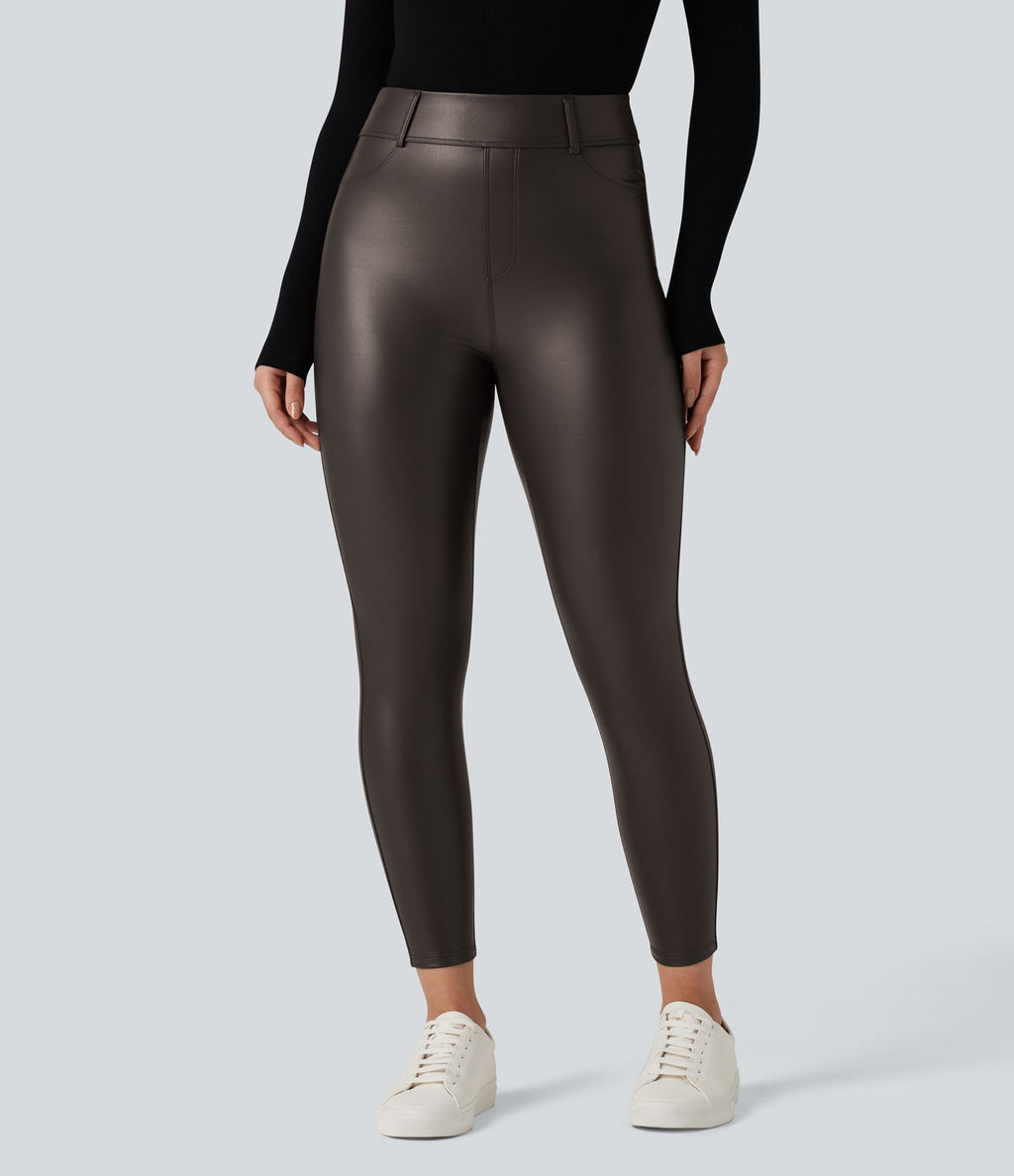 Pantalon polaire simili cuir extensible taille haute avec poches