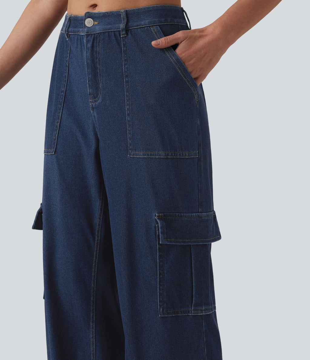 Jean droit cargo casual Halara Flex™ taille mi-haute en lyocell drapé délavé avec poches