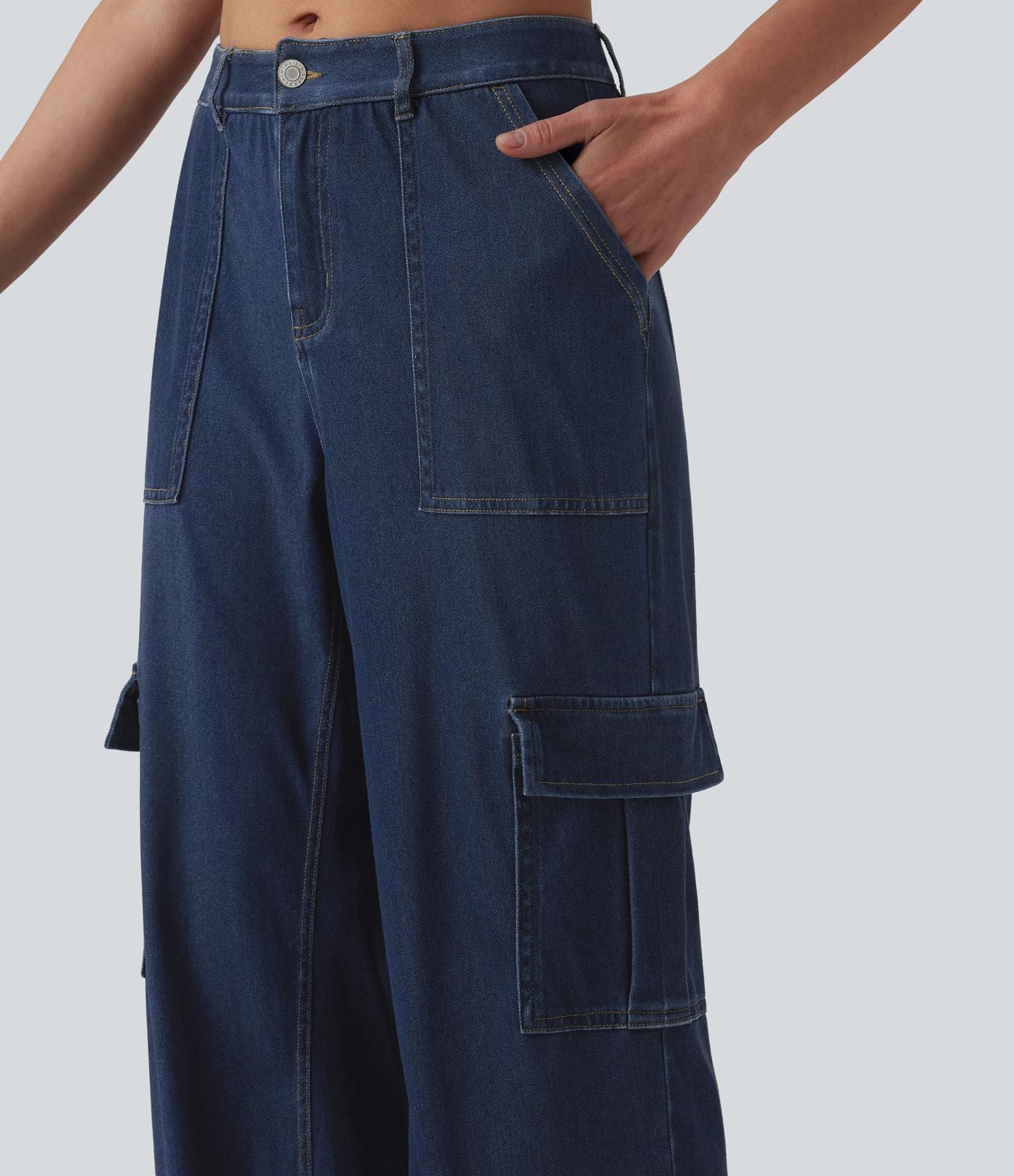 Jean droit cargo casual Halara Flex™ taille mi-haute en lyocell drapé délavé avec poches