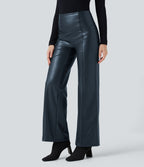 Pantalon similicuir évasé gainant taille haute stretch avec poches