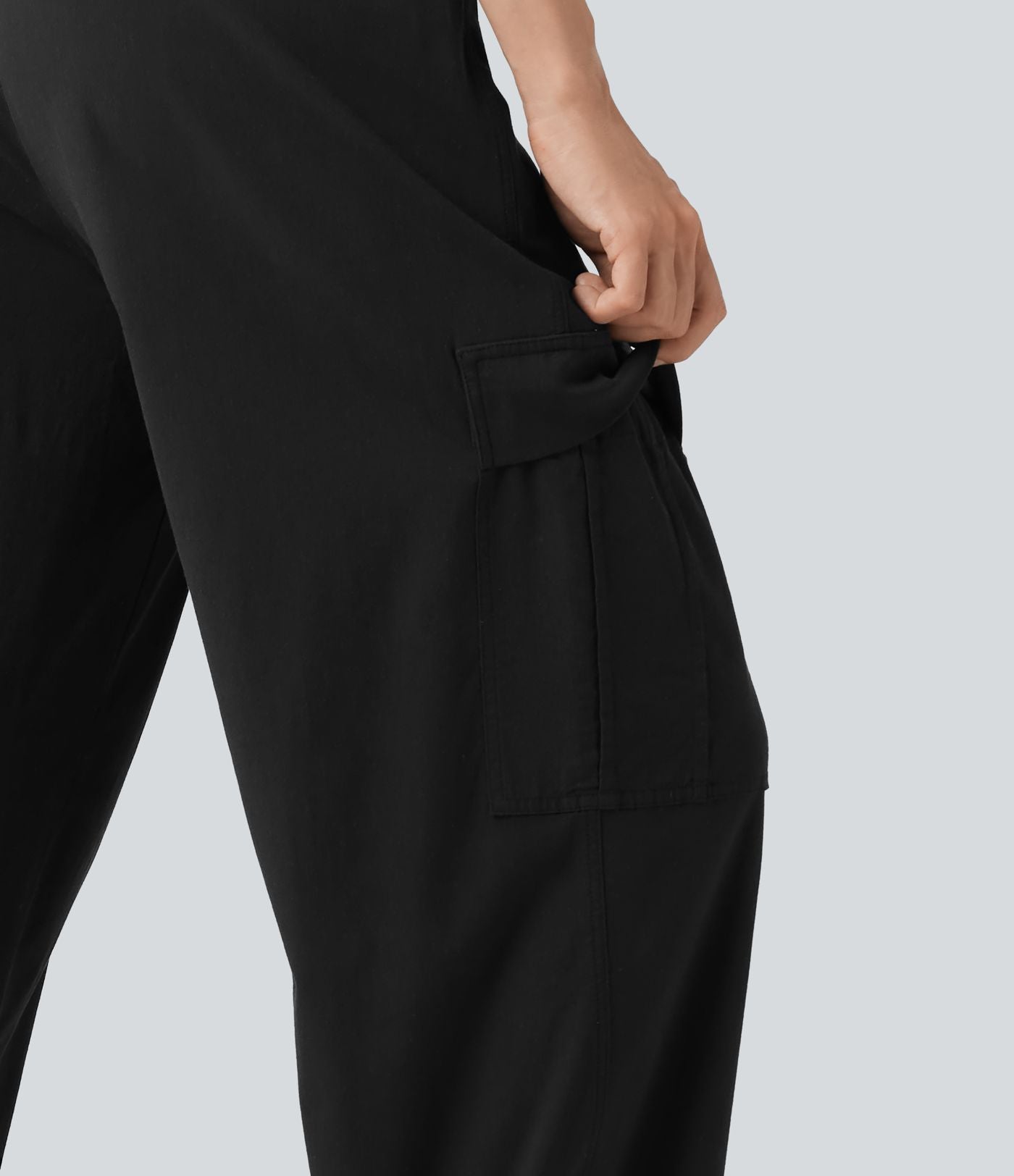 Pantalon cargo décontracté en lin extensible coupe droite taille mi-haute avec cordon de serrage et poches