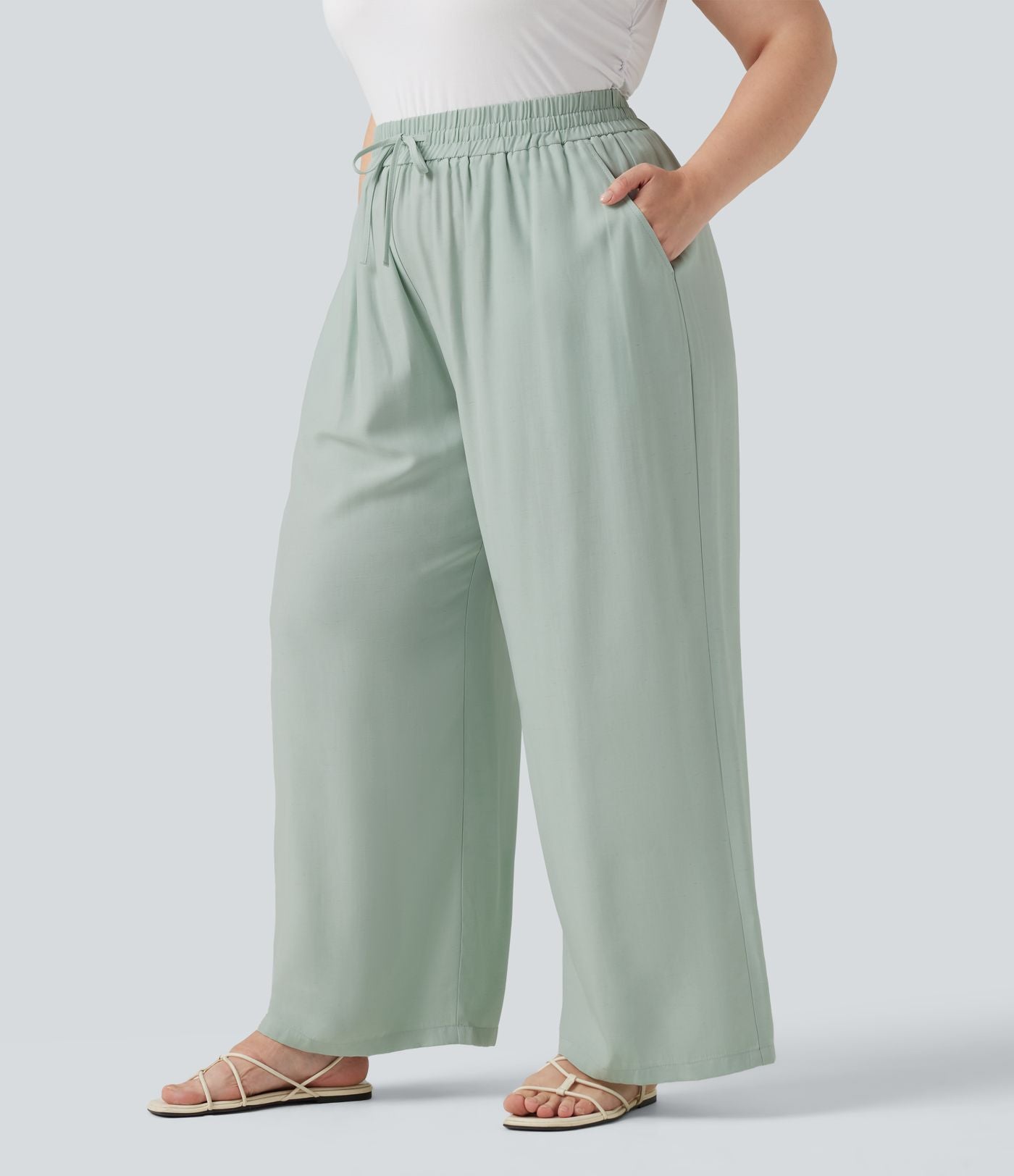 Pantalon large grande taille taille haute avec cordon de serrage et poches