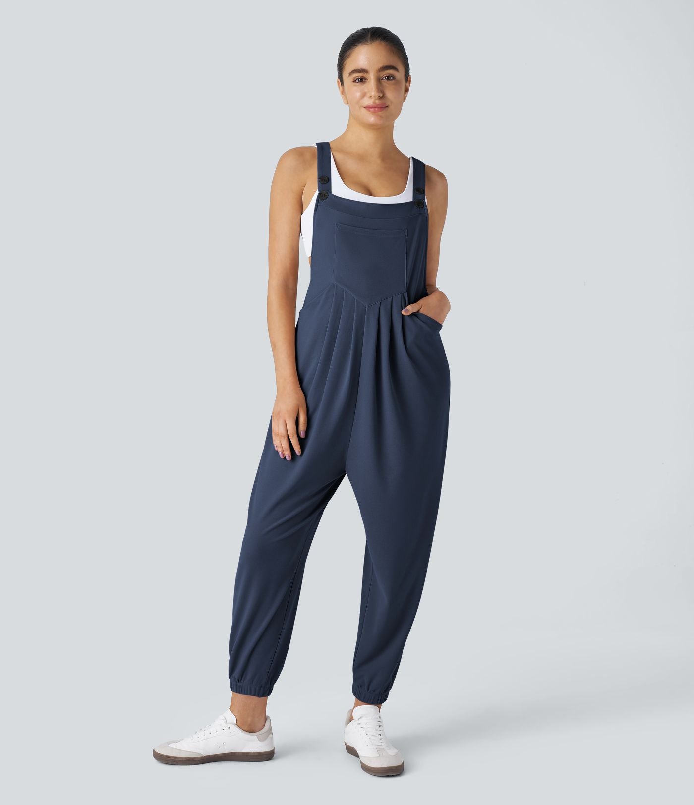 Salopette Casual Bretelles Ajustables Boutonnés Multiples Poches Plis et Tissu Gaufré