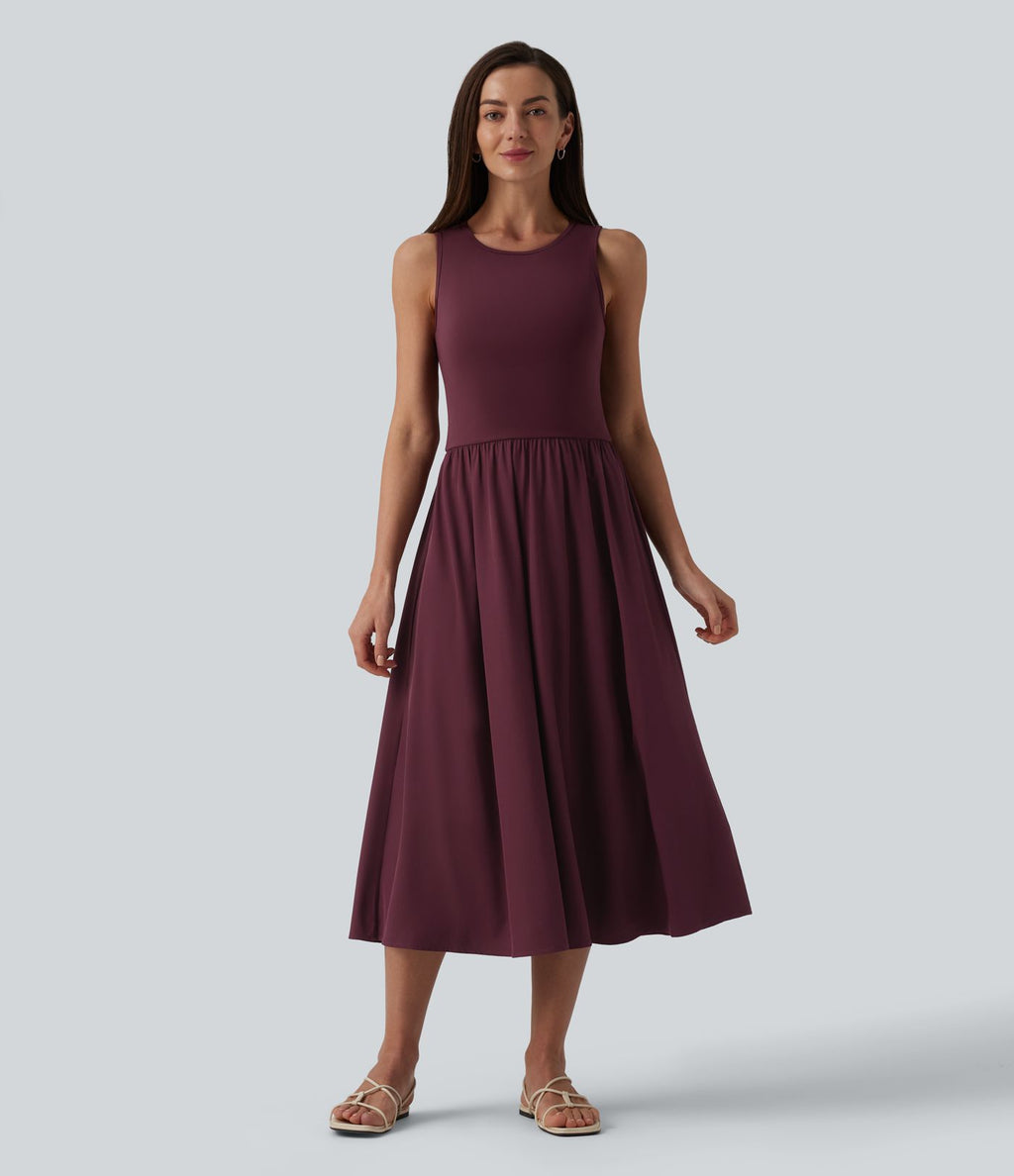 Robe mi-longue décontractée col rond sans manches découpes