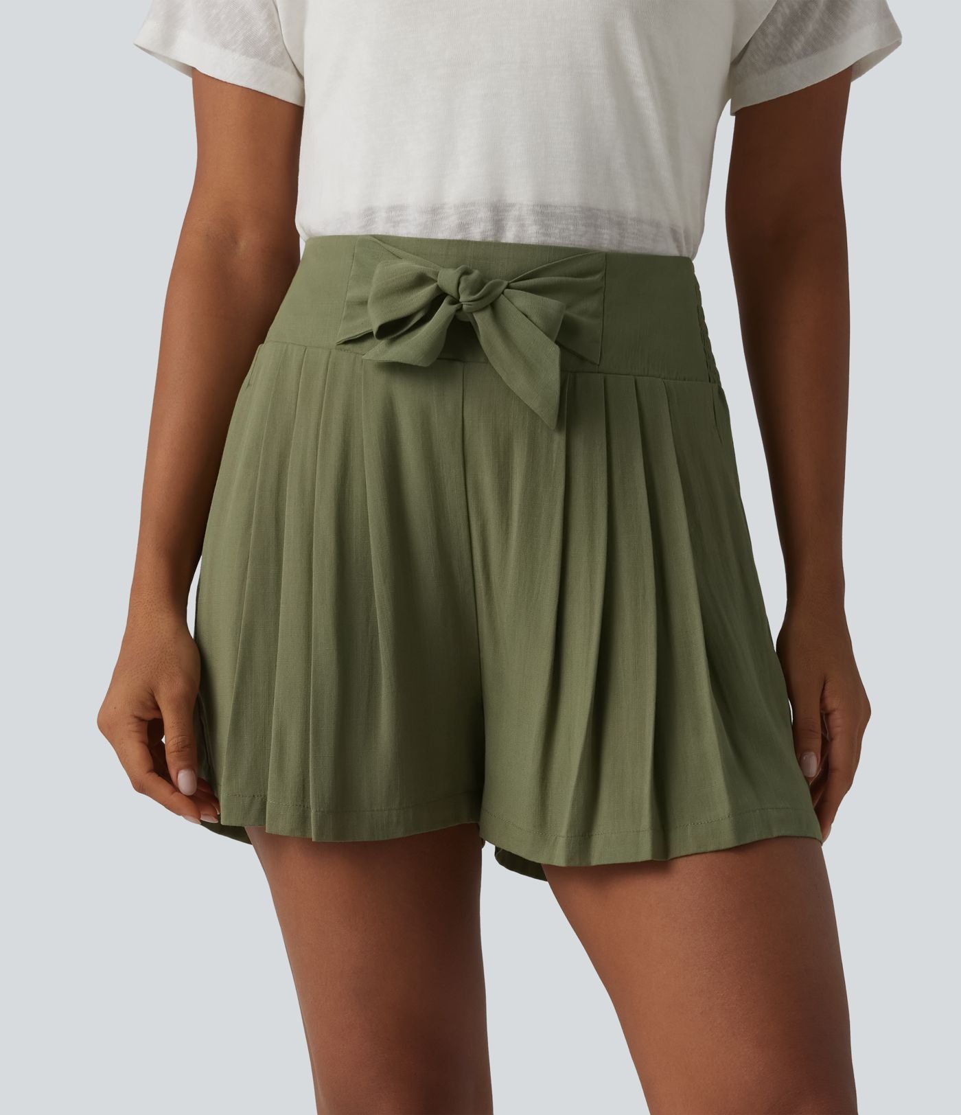 Short casual taille haute à nœud frontal froncé plissé effet lin avec poches
