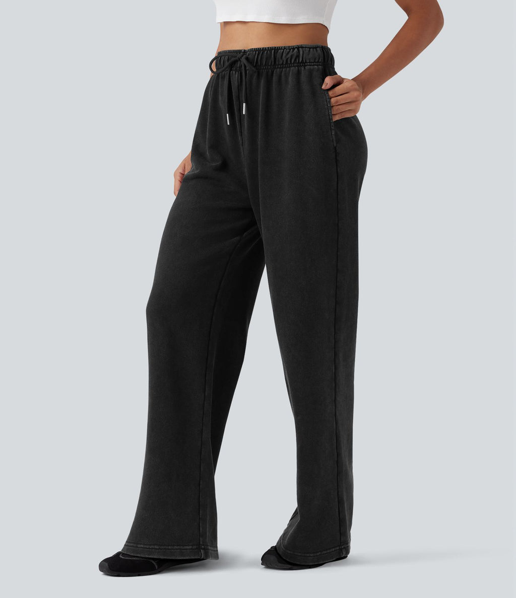 Pantalon jogging en coton molleton français délavé taille haute avec cordon de serrage et poches