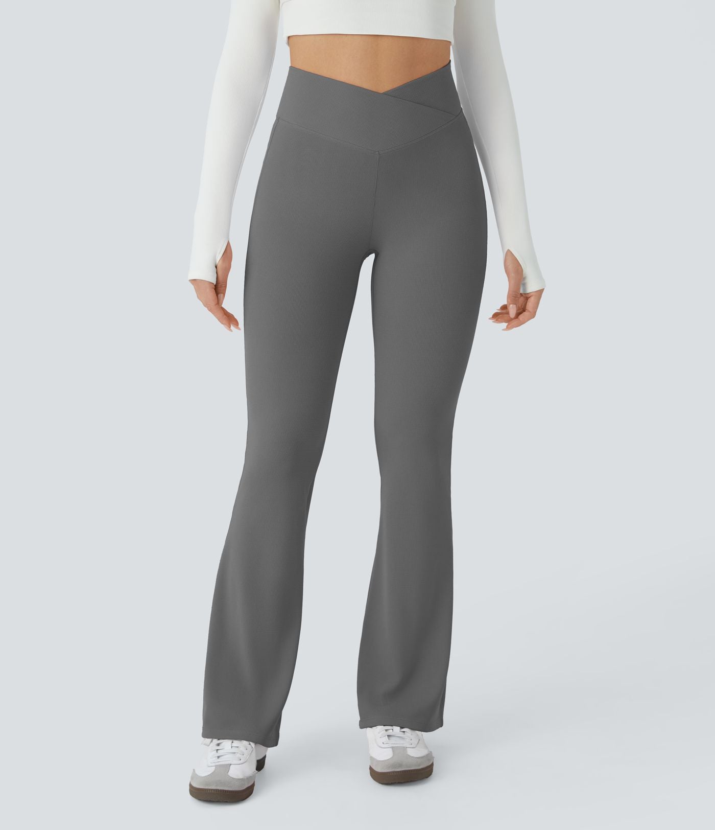 Pantalon décontracté évasé en maille gaufrée, taille haute, avec poches croisées