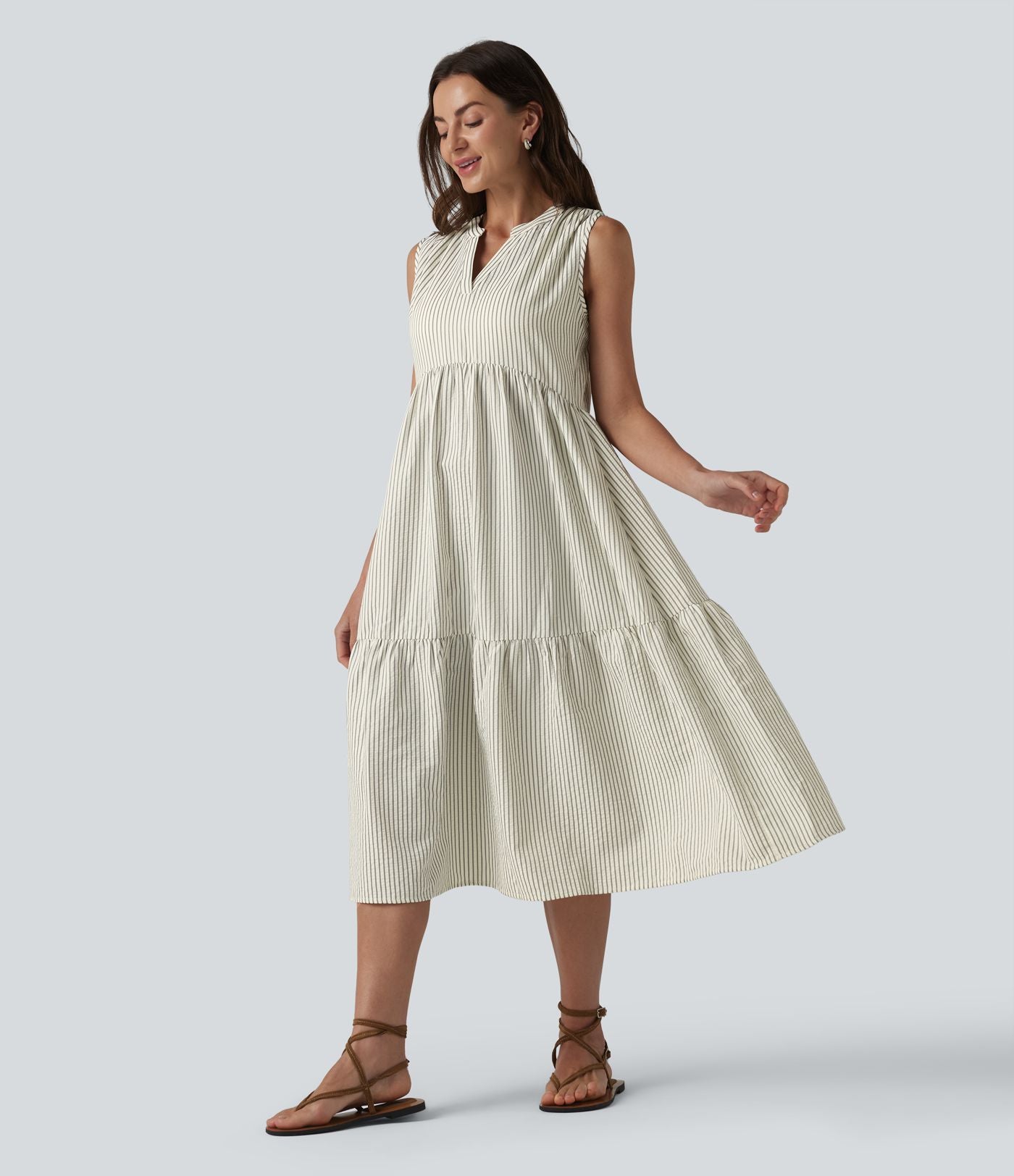 Robe midi rayée sans manches col V avec soutien-gorge intégré