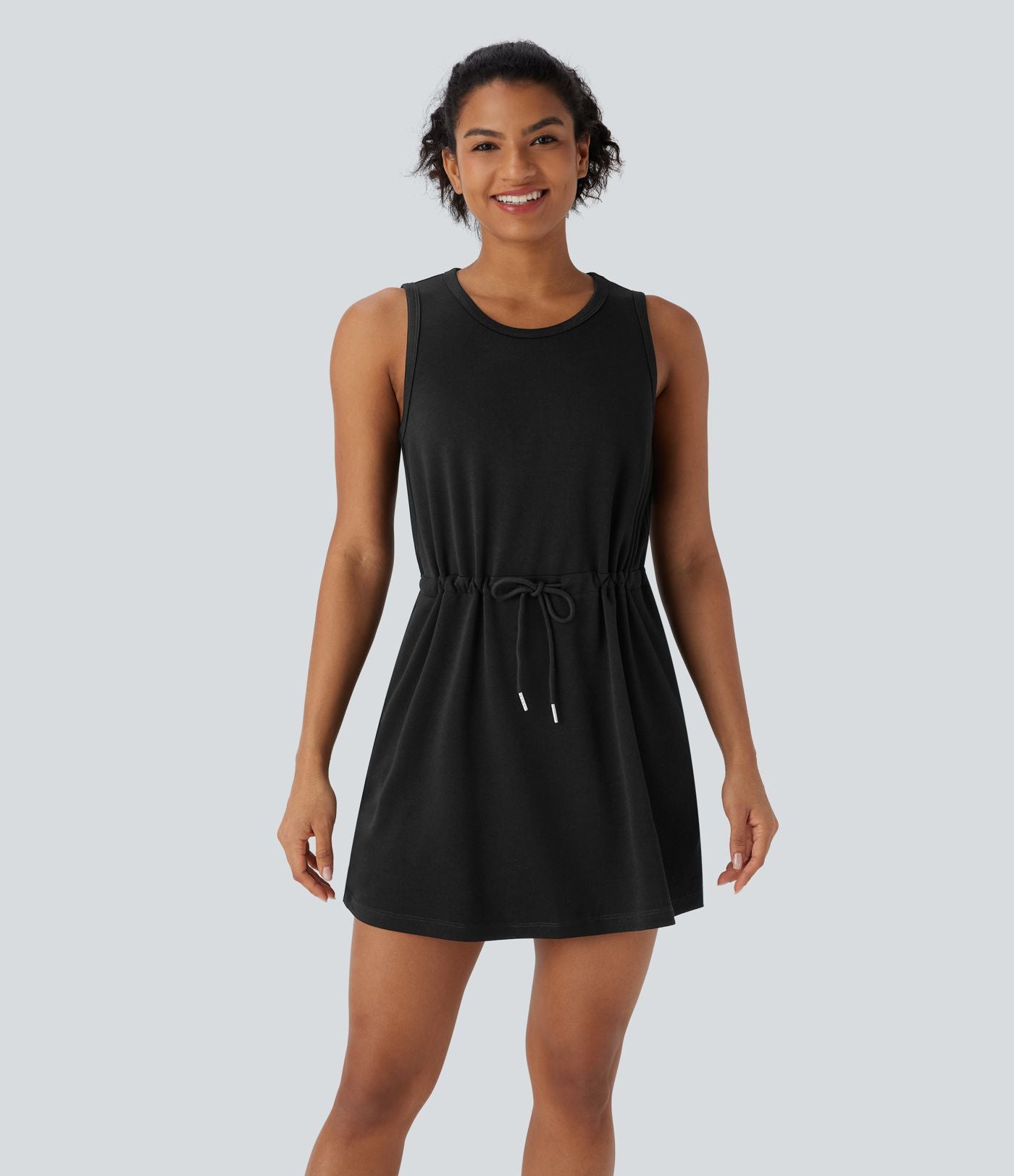Robe active de yoga mini 2 pièces à col rond, sans manches, cordon de serrage et poches latérales