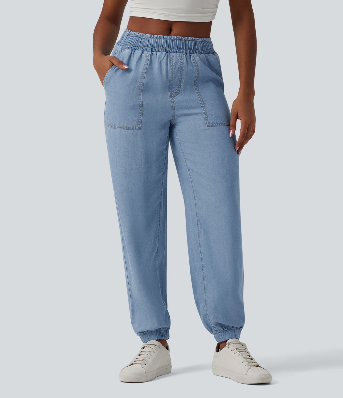 Jogging casual denim en lyocell drapé taille mi-haute avec poches