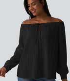 Blouse casual oversize aspect lin à épaules dénudées, lien noué et manches longues