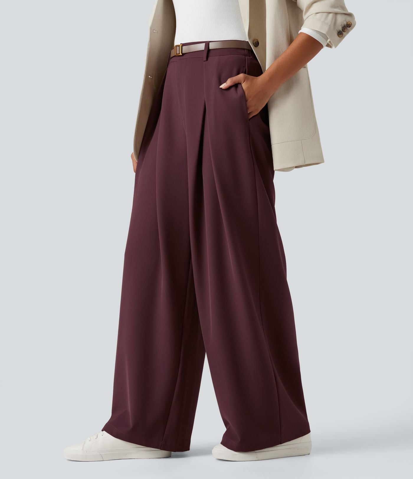 Pantalon tailleur large, taille haute, à poches