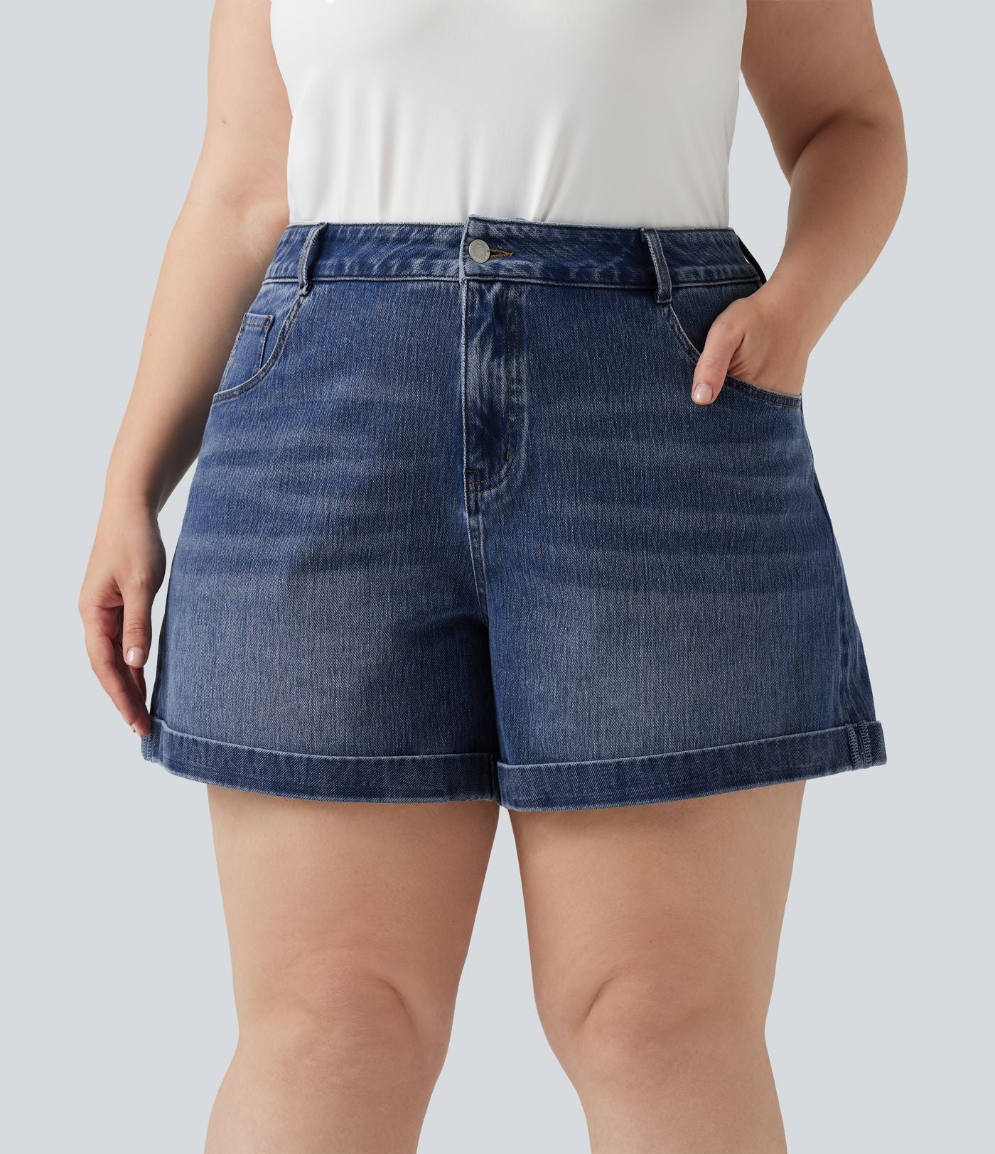 Short jean grande taille Halara Flex™ Denim casual taille mi-haute, ourlets retroussés, avec poches, 12,7 cm
