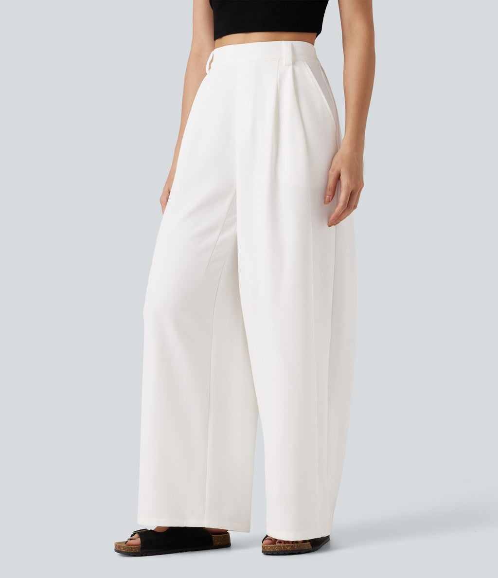 Pantalon tailleur large, taille haute, à poches