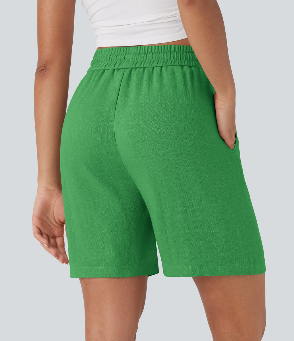 Short décontracté effet lin taille haute avec cordon de serrage et poches latérales