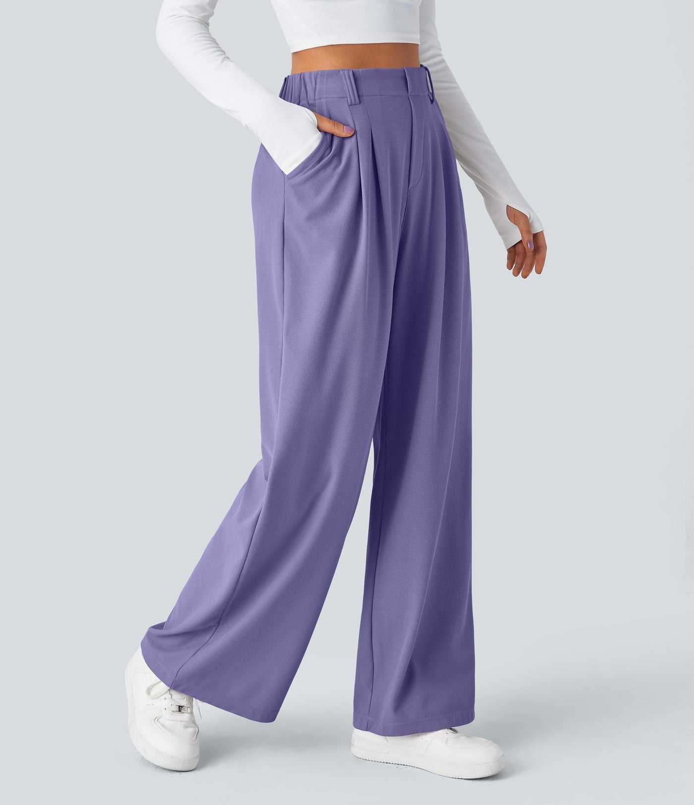 Pantalon Tailleur Large Fluide Halara Flex™ Gaufré Taille Haute Poches Latérales