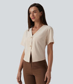 Blouse de travail col V manches courtes aspect lin